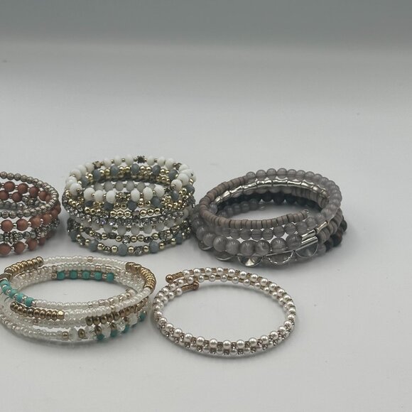 Lot of 6 Memory Wire Bracelets Beaded Neutral Metallic Mixed Stretch Boho - Picture 4 of 10